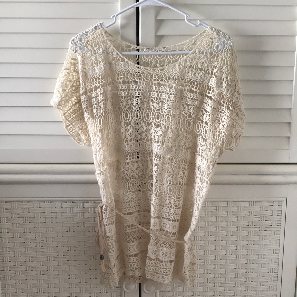 Crochet boho top shirt waist ties hippy s/s